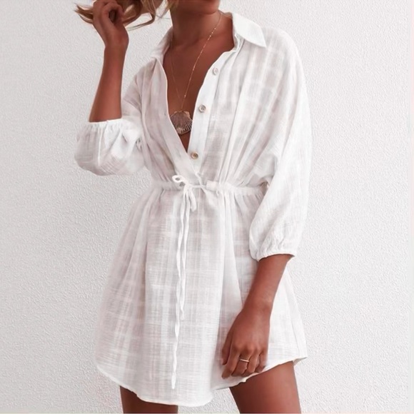 Lena Vie | Sheer Cotton White Plaid Sexy Shirt Dress, Cover-up Sundress - Picture 14 of 15